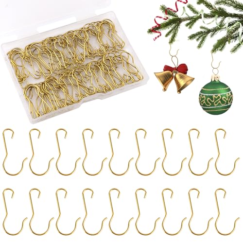 Gold Christmas Ornament Hooks - 100 Pack C-Shaped Hangers