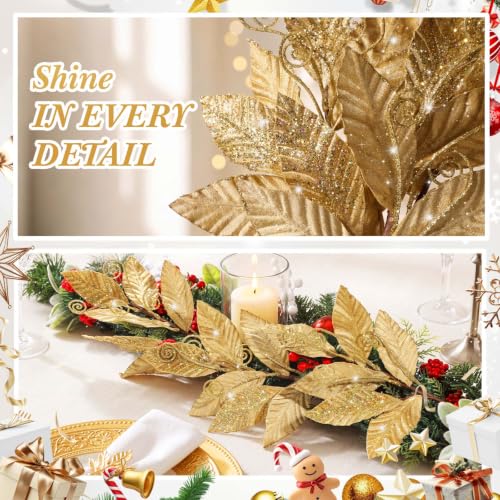 Janinka Gold Velvet Glittered Leaf Picks, 10 Pcs - Christmas Spray Artificial Branches
