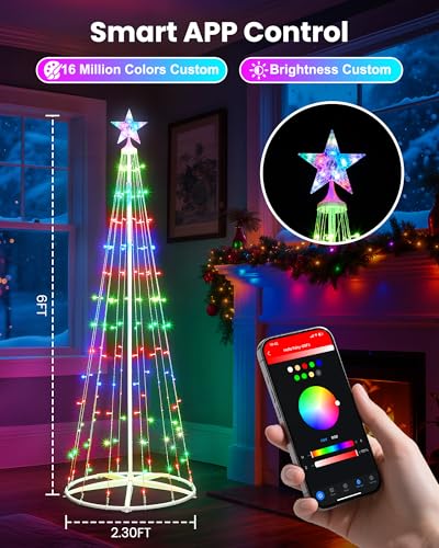 Minetom RGB App-Controlled 5FT/6FT Christmas Cone Tree Lights with Star Topper, Music Sync & DIY RGB Light Show