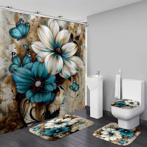 4-Piece Floral Shower Curtain and Bathroom Rug Set with Hooks
