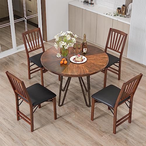 Folding Dining Chairs Set of 2, Solid Wood Kitchen Chairs with Padded Seat