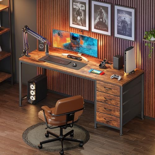 55-Inch Computer Desk with Built-In Power Outlets & 4 Drawers - Rustic Brown