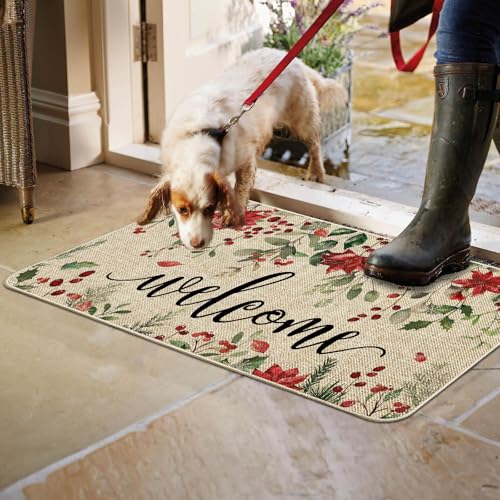Ortiga Christmas Doormat Poinsettia Welcome Door Mat 17x29 Inches - Burlap Front 0.25" Low-Profile