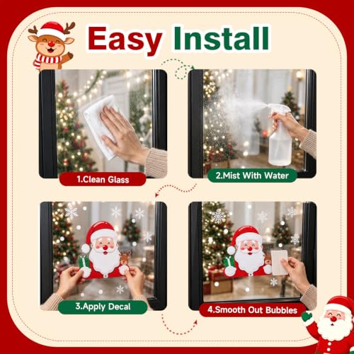 Christmas Window Clings Static Decals Set - Santa Snowflake Reindeer, 6 Sheets