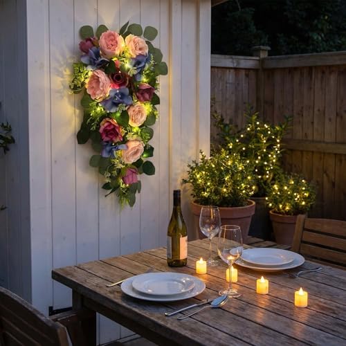 24-Inch Pre-Lit Floral Teardrop Swag with Peonies, Roses and LED Lights