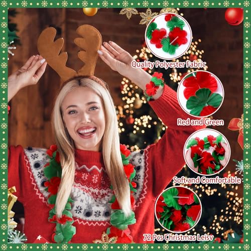 144-Piece Christmas Hawaiian Lei Set, Red and Green Flower Necklaces