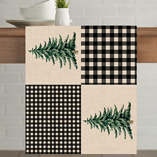 Seliem Pine Tree 13"x72" Black White Buffalo Plaid Table Runner