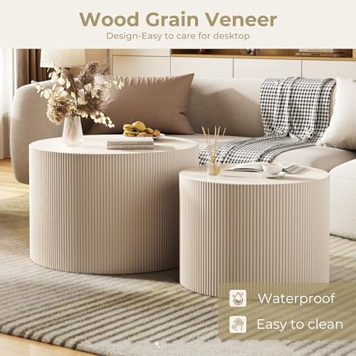 Modern Round Nesting Coffee Table Set of 2, Beige Wooden Accent Tables