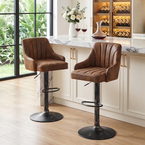 Adjustable Swivel Bar Stools with Back and Arms, Set of 2, Brown PU Leather