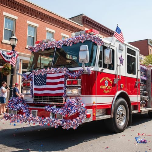 Patriotic Tinsel Garland with American Flags - 33ft Red White Blue Decor