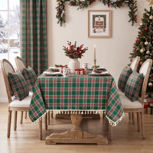 Softalker 55" x 120" Green Christmas Plaid Tassel Tablecloth, Linen Cotton Blend