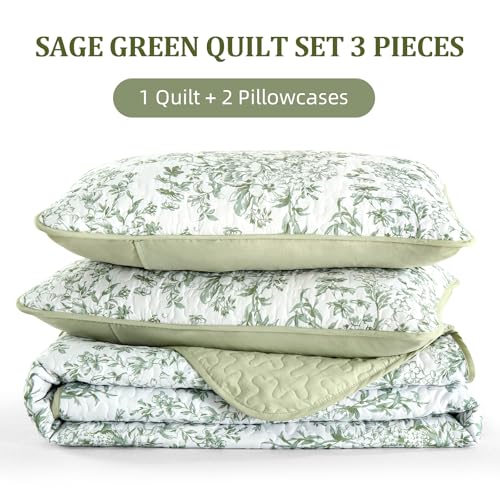 WONGS BEDDING Sage Green Botanical Floral King Quilt Set - 3-Piece Bedspread