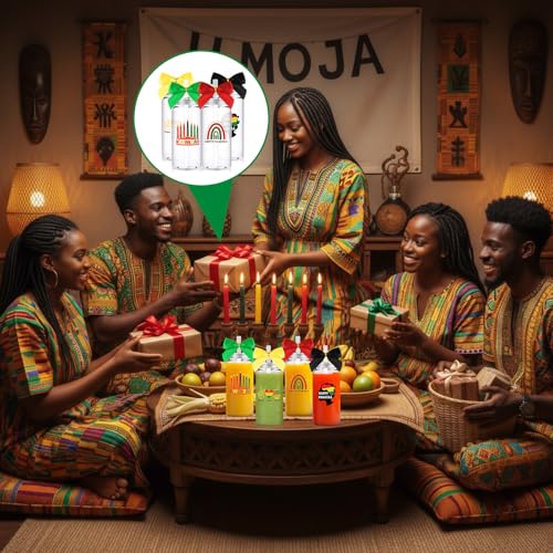 Kwanzaa Gift Set with 24 Plastic Cups, Lids, Straws, Keychains & Bows