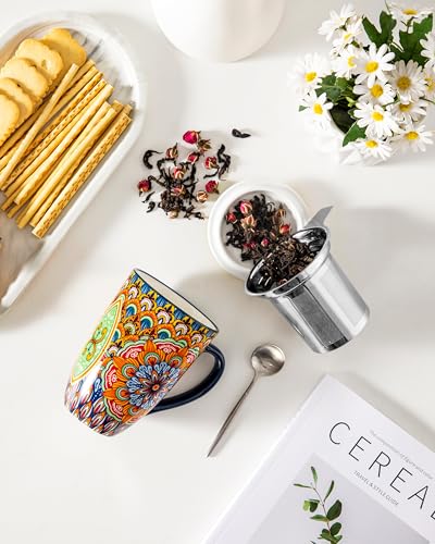 Vancasso Burnt-Cobalt Mandala Ceramic Tea Mug with Infuser & Lid, 18oz