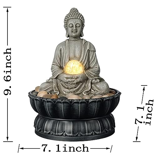 Meditating Buddha Tabletop Water Fountain with LED Glass Orb - 9.6 Inch