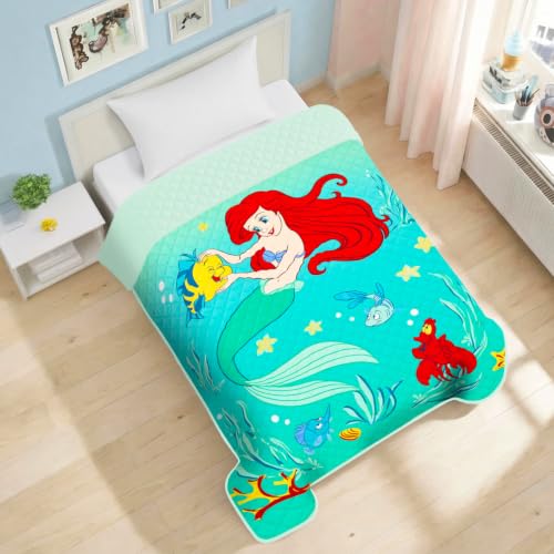 Disney Little Mermaid Twin Bedspread Set for Kids with Ariel Quilted Cover and Tattoos