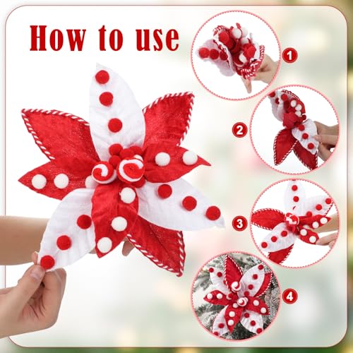 Daifunli 6 Pcs Large Christmas Candy Cane Poinsettia Tree Picks with Berries – Red & White, 10.6 Inches Holiday Ornaments for Xmas Decor
