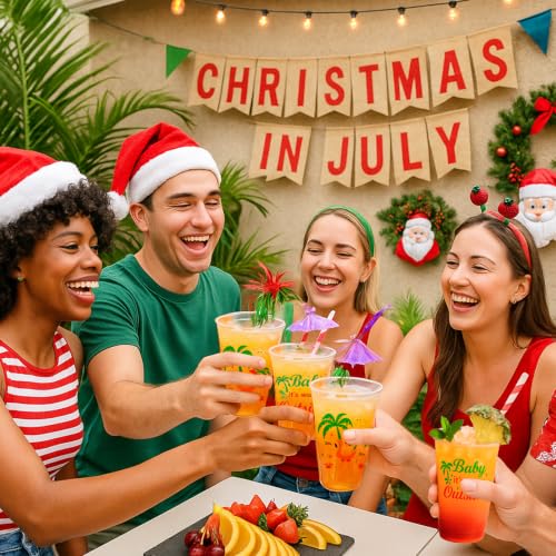 Christmas July Plastic Cups 16 oz Disposable Party Cups 60 Pack - Santa Flamingo Beach Design