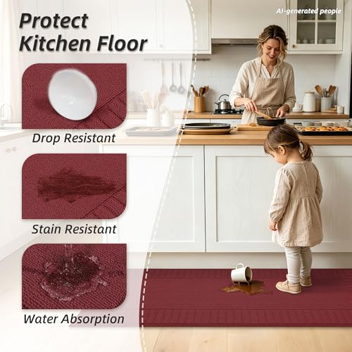 Non-Slip Kitchen Rug 20"x30" - Washable Absorbent Burgundy Floor Mat