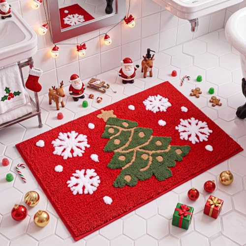 Lyrow Red 3D Christmas Bathroom Rug with Plush Tree Snowflake 31x20 inches