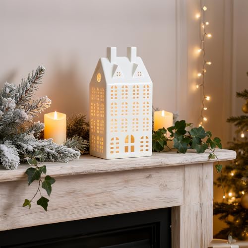 Light-Up White Ceramic Christmas Village House - LED Tabletop Decor