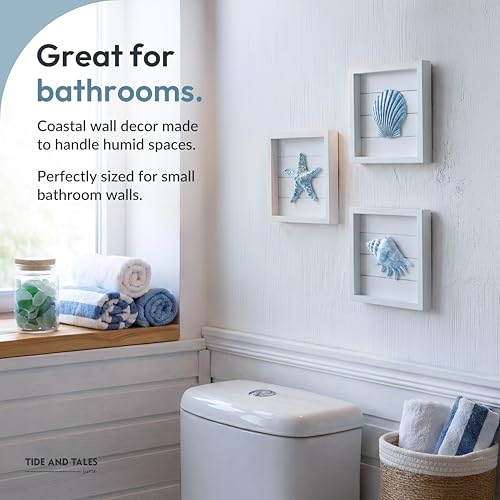 3D Coastal Wall Art Set, Textured Seashell Decor for Bathroom, 7" x 7"