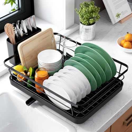 Compact Dish Drying Rack with Drainboard & Cutlery Holder for Kitchen