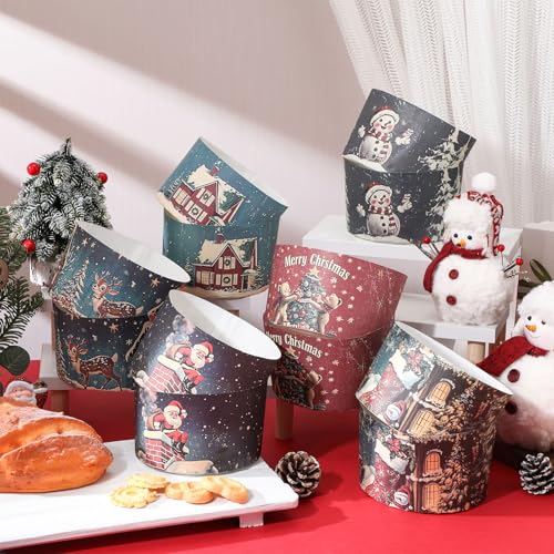 Bokon 12 Pcs 12oz Christmas Panettone Molds - Non-Stick Paper Cups, Six Styles (2Each)