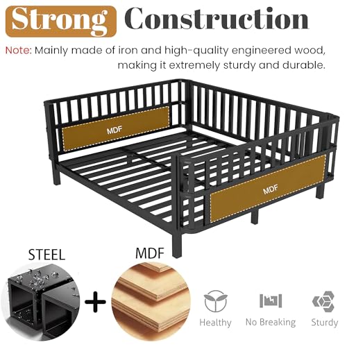 Full Size Montessori Bed Frame with Guardrails, Low Profile Metal & Wood Bed