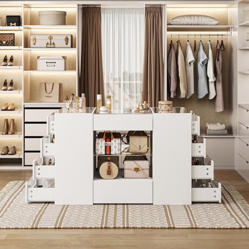 12-Drawer Closet Island with Glass Top and Display Shelves, White