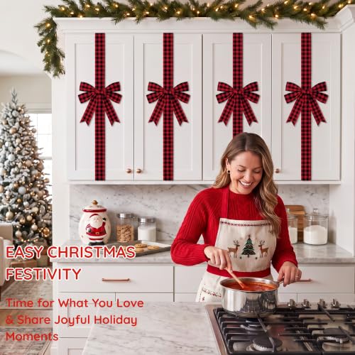 RetroRevel 6 Pcs 10-Inch Buffalo Plaid Cabinet Bows with 87in Straps, No-Nail Hook-and-Loop