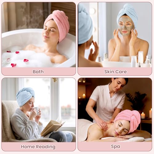 Mandydov Blue & Blush 100% Cotton Hair Towel Wrap for Women - 2 Pack, Ultra-Absorbent & Adjustable