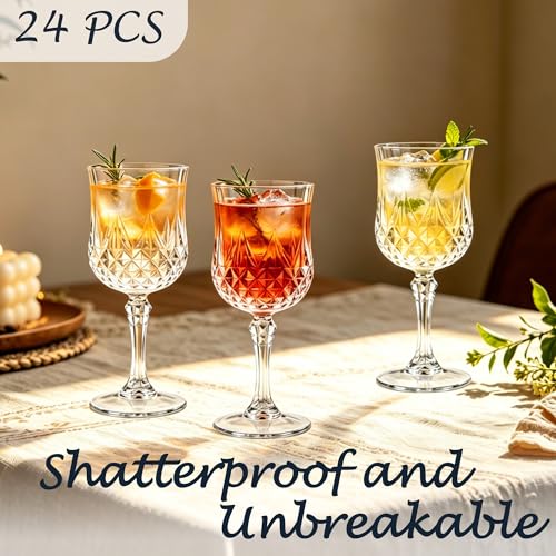 24-Pack 7oz Vintage Plastic Wine Glasses, Reusable Elegant Party Stemware