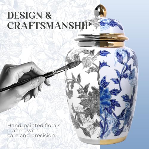 Andaliz Blue and White Ginger Jar 16" Tall Vase with Gold Trim - Porcelain Decor