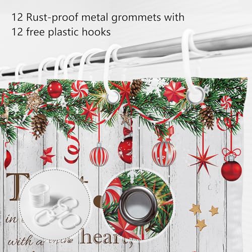 Christmas Shower Curtain with Xmas Tree & Ornaments - Green & White, 72x72 in