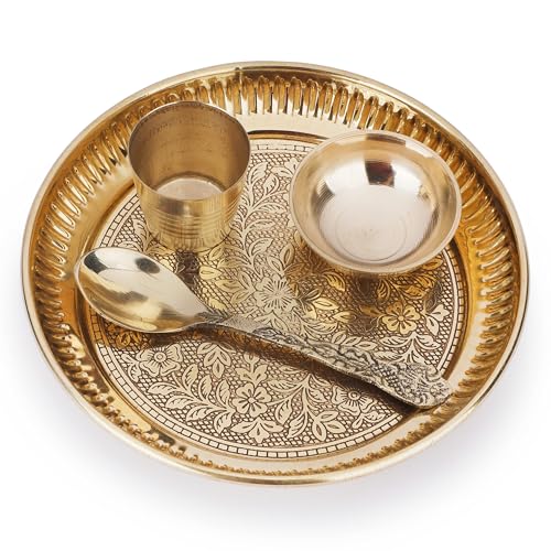 4-Piece Brass Puja Thali Set - Ritual Plate, Katori, Glass & Spoon