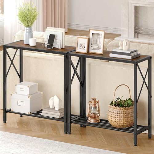 2-Tier Narrow Console Table, Rustic Brown Entryway Sofa Table with X-Frame