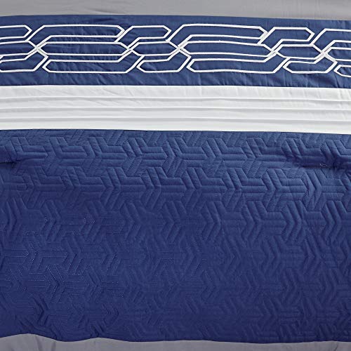 Twin Comforter Set with Embroidered Quilted Design - Blue/Grey/White