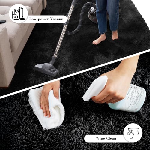 Black 2x4 Fluffy Shag Area Rug - Ultra Soft Non-Slip Bedroom & Living Room Carpet