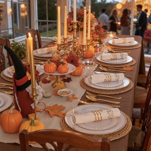 White & Gold 350-Piece Disposable Dinnerware Set for 50 Guests – 50 Dinner Plates, 50 Dessert Plates, 50 Forks, 50 Knives, 50 Spoons, 50 Napkins, 50 Cups (Roll-Up Napkins) - WDF Partyware
