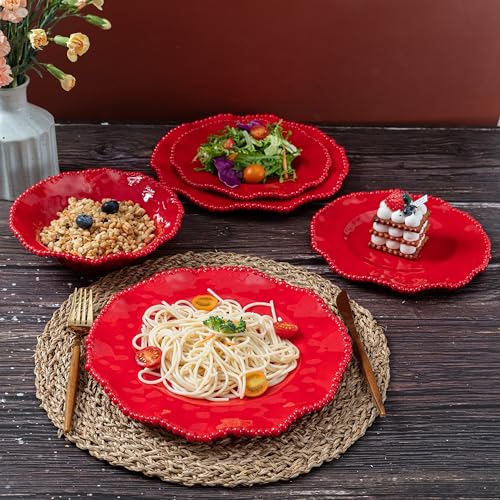 ZAROCRUS Christmas Red 11-Inch Melamine Dinner Plates Set of 6 Beaded Holiday Tableware
