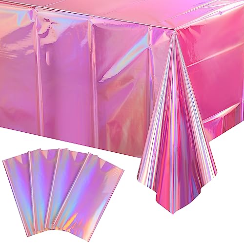 FunnyPars 4 Pack Pink Iridescent Plastic Tablecloths - 54x108 Inch Rectangular Disposable Party Covers for Kpop, Wedding, Birthday, Xmas