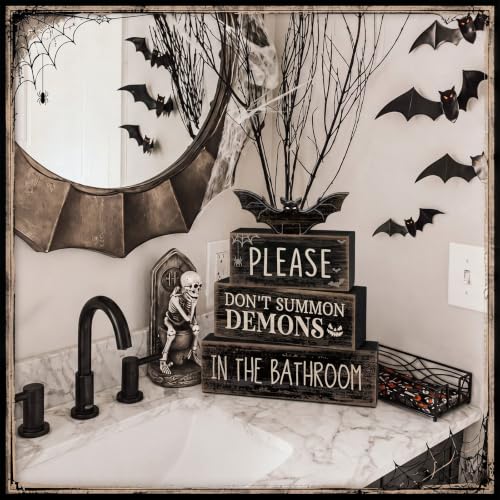 Moucuny Gothic Bat & Demon Halloween Bathroom Decor Set - Wooden Book Display