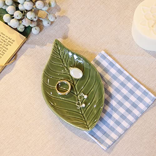 LZBALUYO Green Leaf Ceramic Jewelry Dish - Ring & Trinket Holder, Variation A