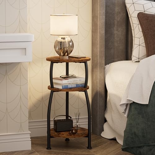 Yuede 11.8'' Rustic Brown 3-Tier Round Side Table for Small Spaces