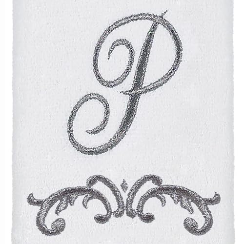 Monogram Initial P Fingertip Towel, 11x18 Inch Soft 100% Cotton Scroll Decor