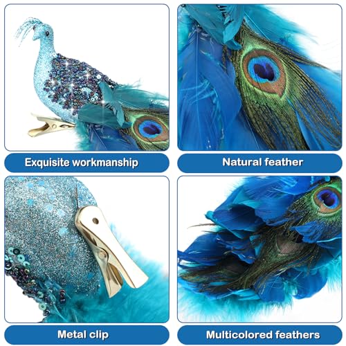 4 Pack Peacock Christmas Tree Ornaments with Feathers - Holiday Decorations