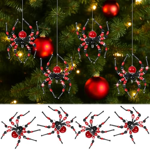 Reallnaive 8 pcs Red & Black Beaded Spider Halloween Hanging Ornaments