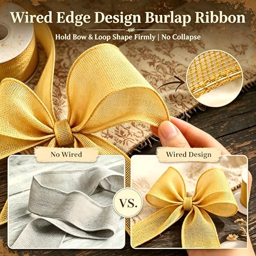 Yellow Burlap Wired Ribbon, 1.5 Inch x 10 Yards - 2 Rolls for Crafts & Decor