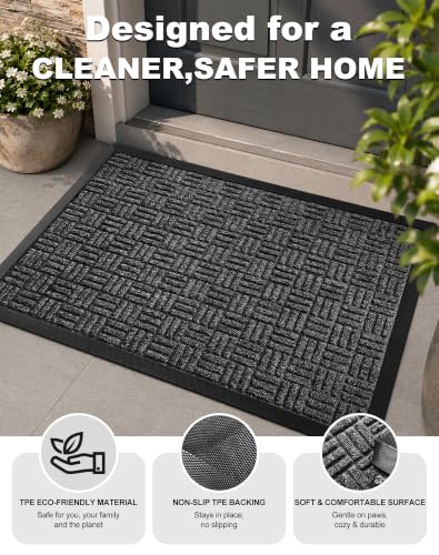 Heavy Duty Front Door Mat 29.5" x 17" - Non-Slip Dirt Trapper Doormat, Gray
